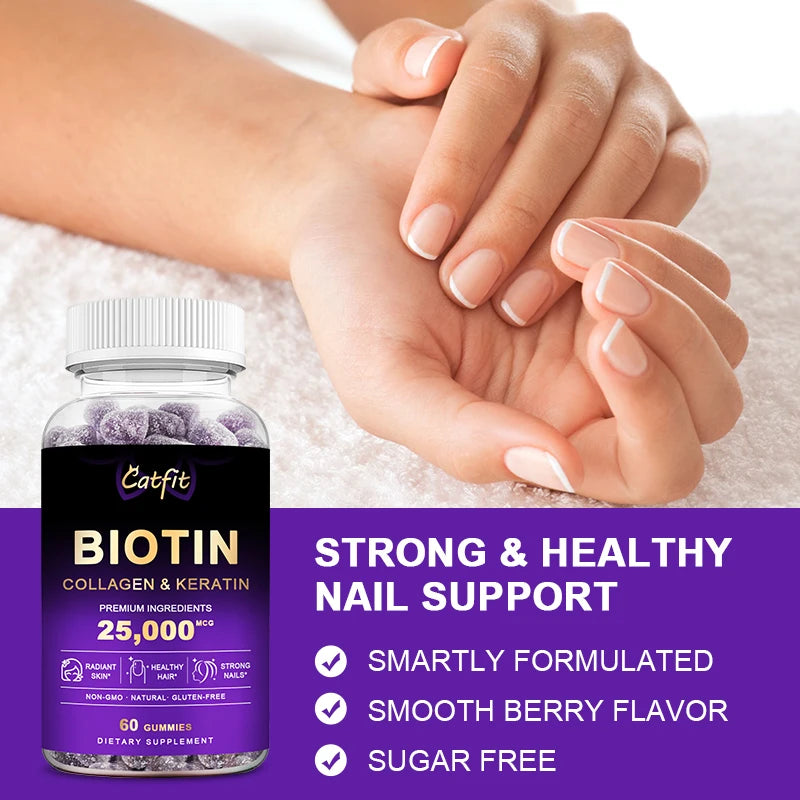 Catfit Organic Blueberry Biotin Gummies - Collagen Supplements for Skin, Nails & Hair Growth - Vitamins for Women and Men