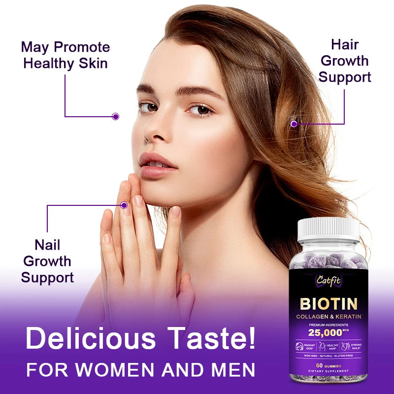 Catfit Organic Blueberry Biotin Gummies - Collagen Supplements for Skin, Nails & Hair Growth - Vitamins for Women and Men