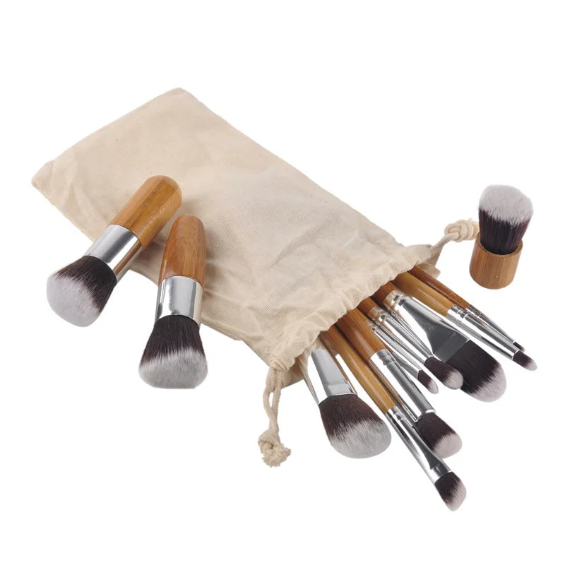 11 Pcs Bamboo Handle Makeup Brushes Set