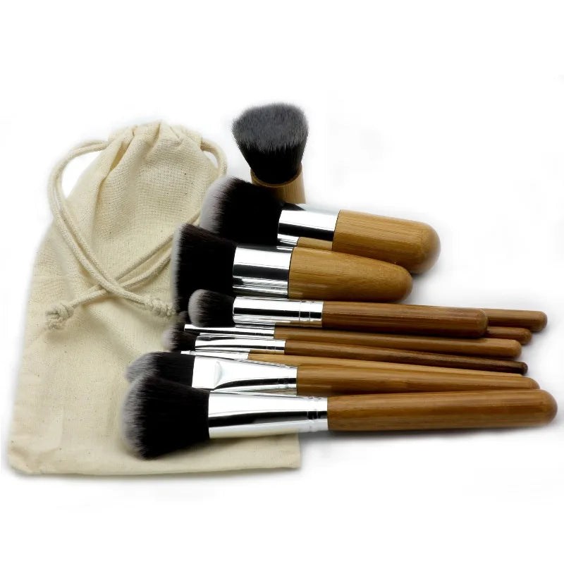 11 Pcs Bamboo Handle Makeup Brushes Set