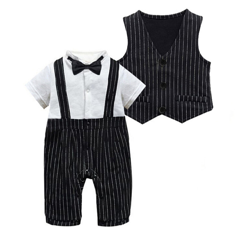 Baby Boy Striped Formal Suit + Vest Outifts Infant Bow Tie Rompers Organic Cotton Newborn Summer Smart Clothes New Born Creeper