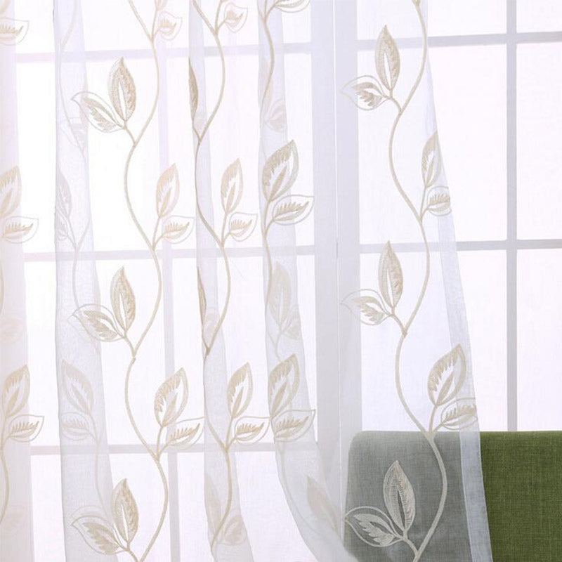 Pastoral Cotton Linen Fabrics Tulle Curtains for Bedroom Embroidered Leaves Fabric Translucent Window Screening Cloth Customized