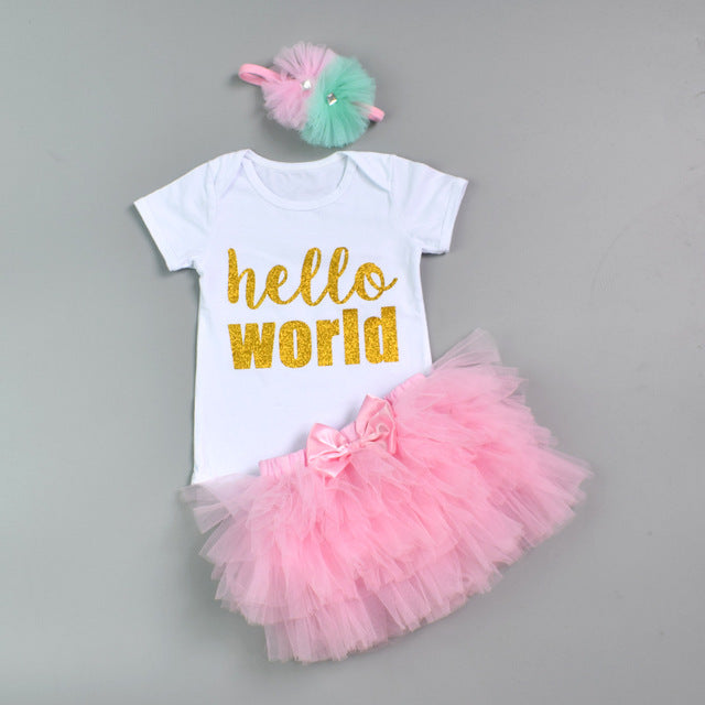 1st Birthday Baby Girl clothes Set Bodysuit jumsuit set Cotton Romper+6 layer tutu skirt Headbands Infant Clothing suit
