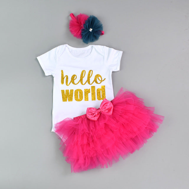 1st Birthday Baby Girl clothes Set Bodysuit jumsuit set Cotton Romper+6 layer tutu skirt Headbands Infant Clothing suit